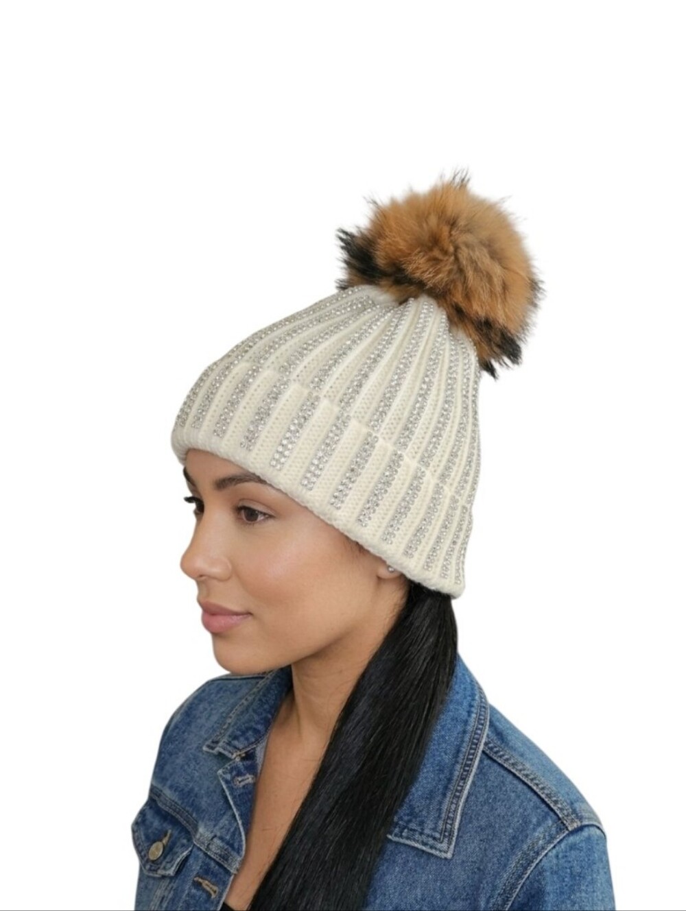 Women's Cream Knit Silver Rhinestone Embellished Fox Fur Pom-Pom Ribbed Hat O/S